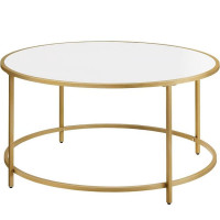 VASAGLE Masa de cafea rotunda, din sticla securizata cu cadru metalic, 84x84x45cm, auriu VASAGLE Masa de cafea rotunda, din sticla securizata cu cadru metalic, 84x84x45cm, auriu