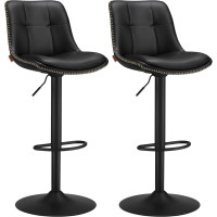 VASAGLE Set 2 scaune bar reglabile pe inaltime, rotative 360°, cu spatar si suport pentru picioare, tapiterie PU, 44x38x(90-112) cm, negru