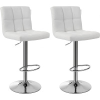 SONGMICS Set 2 scaune bar reglabile pe inaltime, cu spatar, sezut PU si suport picioare, rotatie 360°, 38x45x115 cm, alb