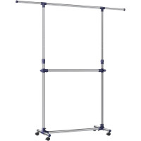 SONGMICS Suport pentru haine cu sina superioara extensibila 101-165 cm, pe roti, reglabil in inaltime 113-180 cm, argintiu