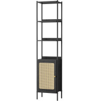 VASAGLE Biblioteca cu 6 etaje, cadru metalic, usa cu efect ratan Boho, 30x40x175 cm, negru