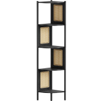 VASAGLE Raft de colt boho, cadru metalic, polite MDF si panouri poliratan, 32x32x156cm, negru VASAGLE Raft de colt boho, cadru metalic, polite MDF si panouri poliratan, 32x32x156cm, negru