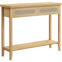VASAGLE Consola hol 100x30x80 cm, 2 sertare, raft deschis, colturi rotunjite, stil boho, MDF si ratan PVC, bej stejar VASAGLE Consola hol 100x30x80 cm, 2 sertare, raft deschis, colturi rotunjite, stil boho, MDF si ratan PVC, bej stejar