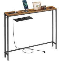 VASAGLE Masa tip consola ingusta cu statie de incarcare, prize si porturi USB, cadru metalic, 100x15x80 cm, maro rustic VASAGLE Masa tip consola ingusta cu statie de incarcare, prize si porturi USB, cadru metalic, 100x15x80 cm, maro rustic