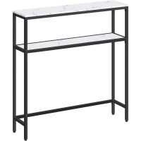 VASAGLE Consola ingusta pentru hol si living, cu 2 rafturi pentru depozitare si decoratiuni, blat cu aspect de marmura alba, cadru metalic rezistent,