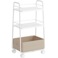 VASAGLE Carucior depozitare cu roti si cos textil, 3 niveluri, PAL si cadru metalic, alb si crem