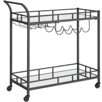 VASAGLE Carucior de servire pentru vin, suport sticle si pahare, cu 2 rafturi din sticla, 38x86x90 cm, negru VASAGLE Carucior de servire pentru vin, suport sticle si pahare, cu 2 rafturi din sticla, 38x86x90 cm, negru