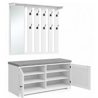 VASAGLE Cuier hol cu pantofar si oglinda, piese separate, 10 carlige duble, banca cu sezut captusit, PAL, 101x40 cm, alb