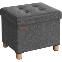 SONGMICS Taburet depozitare pliabil cu picioare din lemn, capitonat cu tesatura tip in, 40x32x34 cm, gri inchis