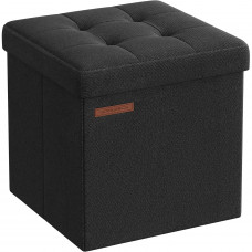 SONGMICS Taburet pliabil 30x30x30 cm, cu spatiu de depozitare, capac tapitat, MDF si imitatie in, negru SONGMICS Taburet pliabil 30x30x30 cm, cu spatiu de depozitare, capac tapitat, MDF si imitatie in, negru