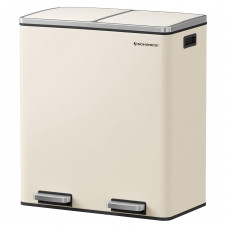 SONGMICS Cos de gunoi dublu colectare selectiva, 2x30L, cu pedale si capac soft close, galeata interioara, otel, 62x59x36 cm, crem