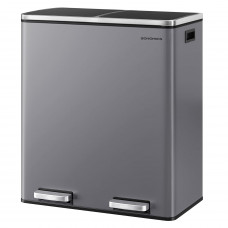 SONGMICS Cos de gunoi dublu colectare selectiva, 2x30L, cu pedale si capac soft close, galeata interioara, otel, 62x59x36 cm, gri