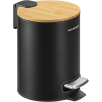 SONGMICS Cos de gunoi cu pedala, ideal pentru baie, capac din bambus cu inchidere lenta, galeata interioara detasabila, 3 litri, 17x22x24 cm, negru