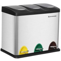 SONGMICS Cos de gunoi din inox cu 3 compartimente colectare selectiva, cu galeti interioare, 3x8litri, argintiu si negru SONGMICS Cos de gunoi din inox cu 3 compartimente colectare selectiva, cu galeti interioare, 3x8litri, argintiu si negru