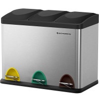 SONGMICS Cos de gunoi din inox cu 3 compartimente colectare selectiva, cu galeti interioare, 3x15litri, argintiu si negru