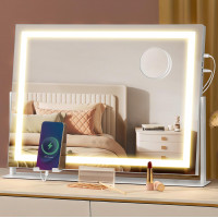 SONGMICS Oglinda machiaj cu iluminare LED, 3 culori lumina, suport telefon, 2 porturi USB, zoom 10x, 58x43 cm, alb