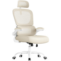 SONGMICS Scaun de birou ergonomic mesh, suport lombar dinamic, tetiera reglabila, brate rabatabile, 70x70x135 cm, bej