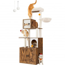 FEANDREA Ansamblu pentru pisici din PAL, plus si sisal, cu dulap litiera, 185 cm, platforme multiple, perne lavabile, maro rustic