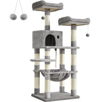 FEANDREA Ansamblu de joaca pentru pisici, tip copac, cu 3 culcusuri si ascunzatoare, 55x45x143cm, gri deschis