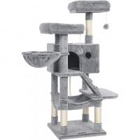 FEANDREA Ansamblu de joaca pentru pisici, tip copac, cu 3 culcusuri, hamac si ascunzatoare, 49x49x135cm, gri