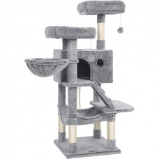 FEANDREA Ansamblu de joaca pentru pisici, tip copac, cu 3 culcusuri, hamac si ascunzatoare, 49x49x135cm, gri