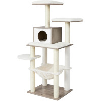 FEANDREA Ansamblu de joaca pisici, tip copac, cu culcusuri, ascunzatoare si hamac, 55x45x138 cm, alb si gri