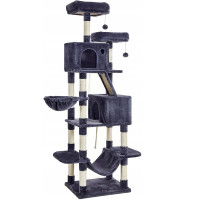 FEANDREA Ansamblu de joaca pentru pisici, tip copac, cu 3 culcusuri, hamac si 2 ascunzatoare, 60x50x206cm, gri inchis