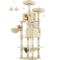 FEANDREA Ansamblu de joaca pentru pisici, tip copac, XXL, 13 stalpi de zgariat, 2 ascunzatori, 60x50x206cm, bej