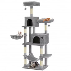 FEANDREA Ansamblu pentru pisici, plus si sisal, cu platforme, cusca, hamac si stalpi de zgariat, 50x60x199 cm, gri