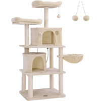 FEANDREA Ansamblu de joaca pentru pisici 152 cm cu stalpi sisal, 2 casute, cos plus si platforme, bej