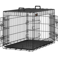 FEANDREA Cusca pentru animale, 2 usi, pliabila din metal, tava detasabila, L, 93x58x64cm, negru