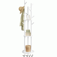 VASAGLE Cuier din lemn masiv, cu 11 agatatori si 3 rafturi, 4 roti detasabile rotative 360°, 40x40x175 cm, alb