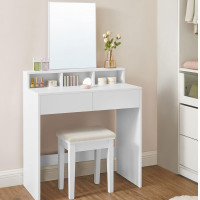 VASAGLE Masa de toaleta cu oglinda, cu 2 sertare si 3 compartimente deschise, 40x80x140cm, stil modern, alb