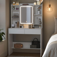 VASAGLE Masa de toaleta cu oglinda, iluminare LED reglabila, 2 sertare, 90x40x145cm, alb