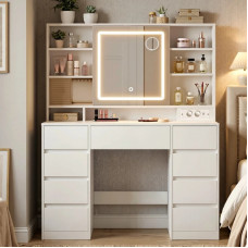 VASAGLE Masa de toaleta Kailyn cu oglinda LED, 9 sertare, MDF, priza incorporata, oglinda zoom detasabila, 110x40x142 cm, alb VASAGLE Masa de toaleta Kailyn cu oglinda LED, 9 sertare, MDF, priza incorporata, oglinda zoom detasabila, 110x40x142 cm, alb