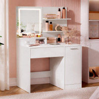 VASAGLE Masa de toaleta Kailyn cu oglinda LED si priza integrata, porturi USB, sertar, rafturi si dulap, PAL, 80x40x132 cm, alb