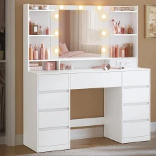 VASAGLE Masa de toaleta Kailyn cu oglinda LED, 9 sertare, MDF, 2 prize si porturi USB, 40x107x144 cm, alb VASAGLE Masa de toaleta Kailyn cu oglinda LED, 9 sertare, MDF, 2 prize si porturi USB, 40x107x144 cm, alb
