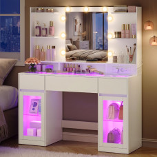 VASAGLE Masa de toaleta Kailyn cu oglinda iluminata, iluminare RGB, blat din sticla, sertare, 2 dulapuri, priza si USB, 107x40x145 cm, alb mat VASAGLE Masa de toaleta Kailyn cu oglinda iluminata, iluminare RGB, blat din sticla, sertare, 2 dulapuri, priza si USB, 107x40x145 cm, alb mat