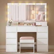 VASAGLE Masa de toaleta Kailyn cu oglinda tripla, 11 becuri LED, 9 sertare, prize si USB, taburet inclus, 107x40x144 cm, alb VASAGLE Masa de toaleta Kailyn cu oglinda tripla, 11 becuri LED, 9 sertare, prize si USB, taburet inclus, 107x40x144 cm, alb