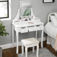 VASAGLE Masa de toaleta cu taburet, oglinda rotativa 360°, iluminare LED reglabila, 80x40x138 cm, alb