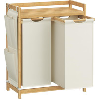 SONGMICS Cos rufe cu 2 compartimente si raft superior din bambus, 2 x 50 litri, saci detasabili, 63x33x98 cm, maro natur