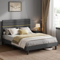 VASAGLE Pat tapitat 140x200 cm, cu tablie capitonata, somiera din lemn masiv reglabila, structura metalica, gri inchis VASAGLE Pat tapitat 140x200 cm, cu tablie capitonata, somiera din lemn masiv reglabila, structura metalica, gri inchis