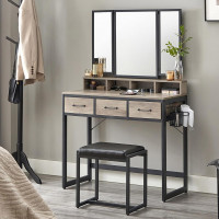 VASAGLE Masuta toaleta 90x40x141 cm, cu 3 sertare, oglinda tripla si taburet, lemn si otel, gri si negru