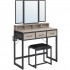 VASAGLE Masuta toaleta 90x40x141 cm, cu 3 sertare, oglinda tripla si taburet, lemn si otel, gri si negru [2]
