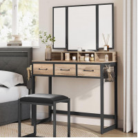 VASAGLE Masuta toaleta 90x40x141 cm, cu 3 sertare, oglinda tripla si taburet, lemn si otel, maro stejar si negru