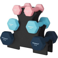 SONGMICS Set de 6 gantere hexagonale cu suport, 2x1 kg 2x2 kg 2x3 kg, multicolor SONGMICS Set de 6 gantere hexagonale cu suport, 2x1 kg 2x2 kg 2x3 kg, multicolor