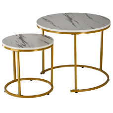 Set 2 masute cafea suprapozabile, MDF si metal, 60x50 cm si 40x40 cm, alb marmura si auriu Set 2 masute cafea suprapozabile, MDF si metal, 60x50 cm si 40x40 cm, alb marmura si auriu