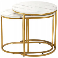 Set 2 mese pentru cafea, cadru otel, blat MDF model marmura, 50x50x50 cm si 60x32x44 cm, alb si auriu