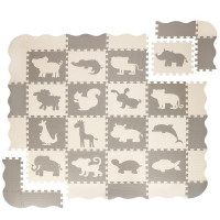 Covor din spuma pentru copii, tip puzzle animale, 52 piese, termoizolant, 150x150 cm, gri crem