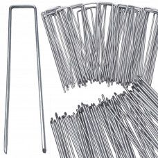 Set 100 de ancore metalice tip U pentru fixare panza anti-buruieni, 15x3 cm, argintiu